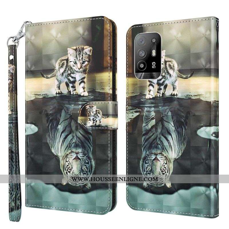 Housse Oppo A94 5G Chat et Tigre avec Lanière