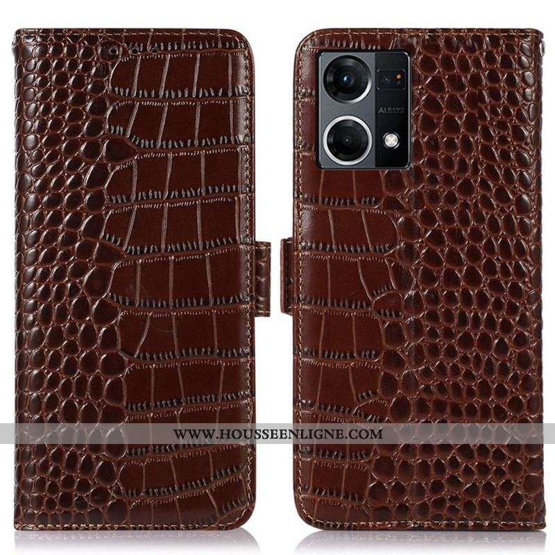 Housse Oppo Reno 7 Cuir Véritable Style Crocodile RFID