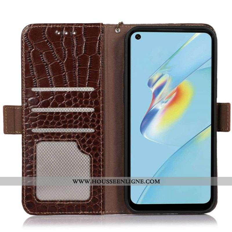 Housse Oppo Reno 7 Cuir Véritable Style Crocodile RFID