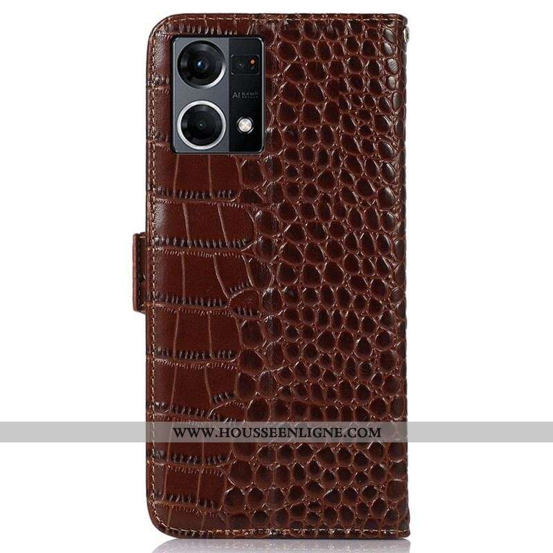 Housse Oppo Reno 7 Cuir Véritable Style Crocodile RFID