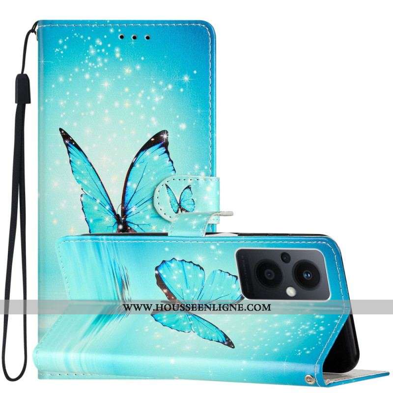 Housse Oppo Reno 8 Lite Papillons Bleus à Lanière