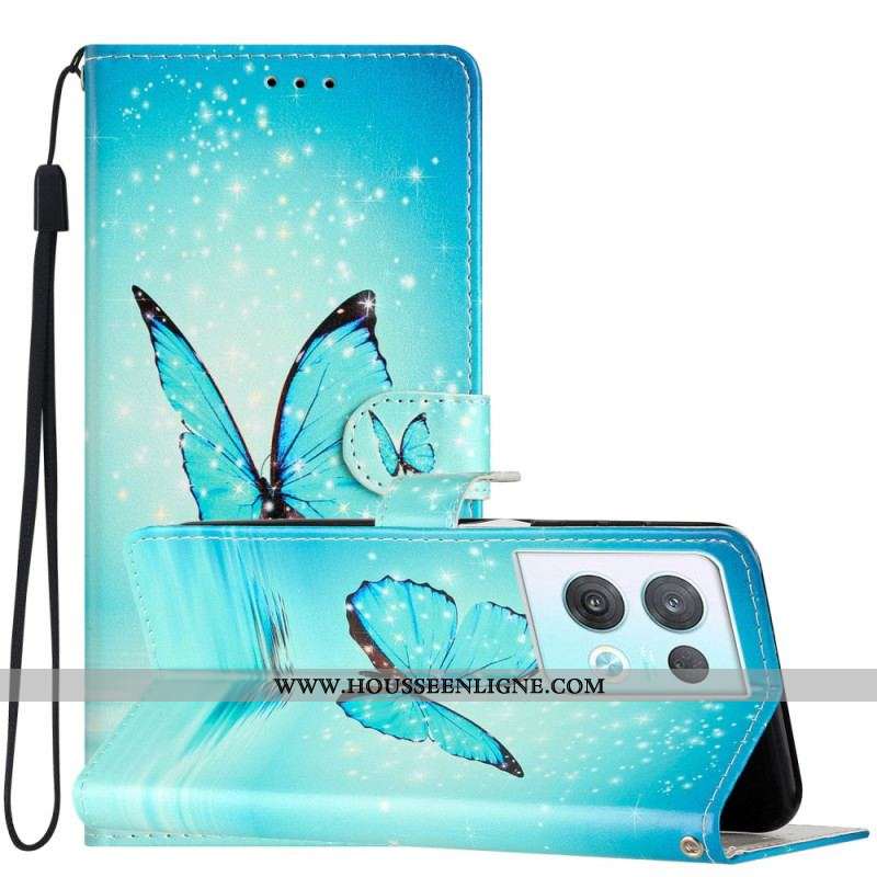 Housse Oppo Reno 8 Pro Papillons Bleus à Lanière