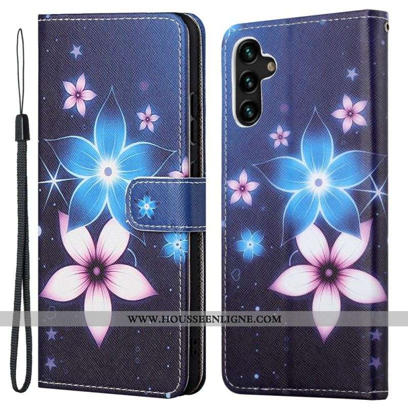 Housse Samsung Galaxy A13 5G / A04s Fleurs Lunaires à Lanière