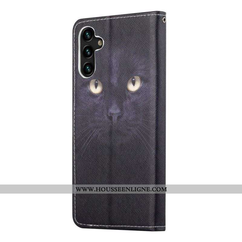 Housse Samsung Galaxy A13 5G / A04s Yeux de Chat Noir à Lanière