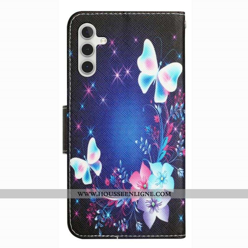 Housse Samsung Galaxy A14 5G / A14 Papillons Féériques à Lanière