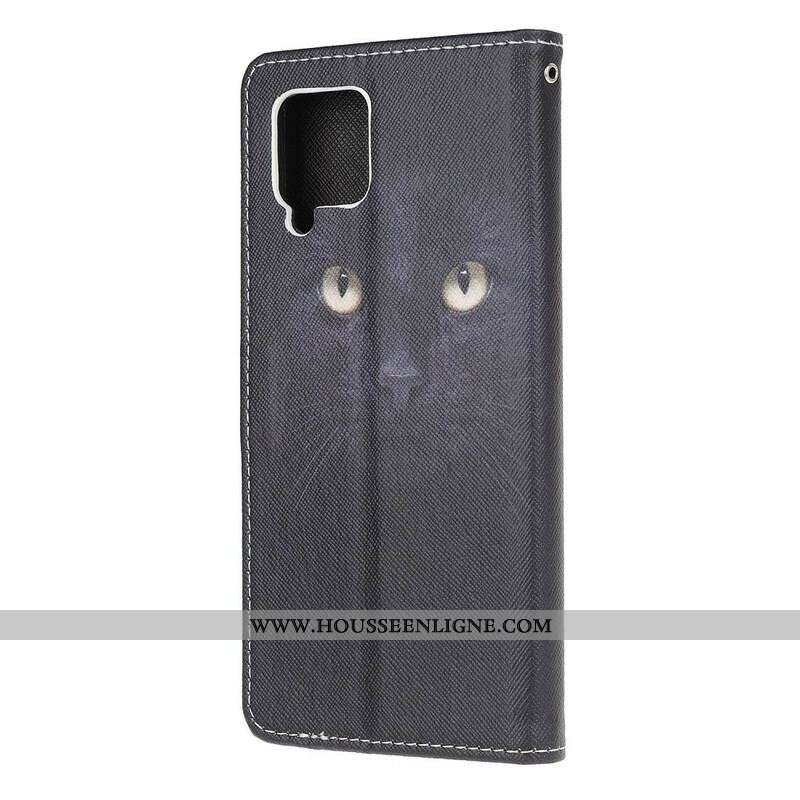 Housse Samsung Galaxy A42 5G Yeux de Chat Noir à Lanière