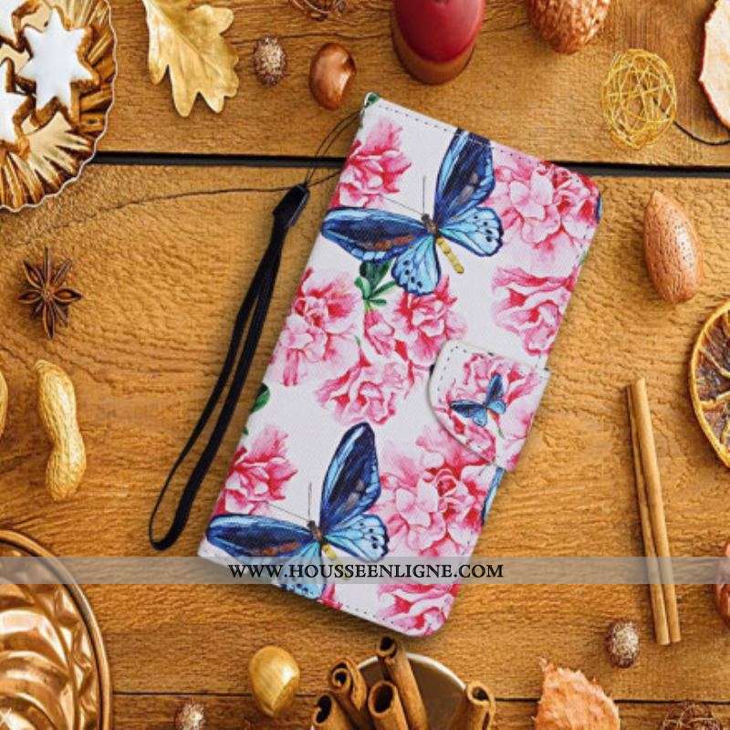 Housse Samsung Galaxy A52 4G / A52 5G / A52s 5G Papillons Floraux Lanière