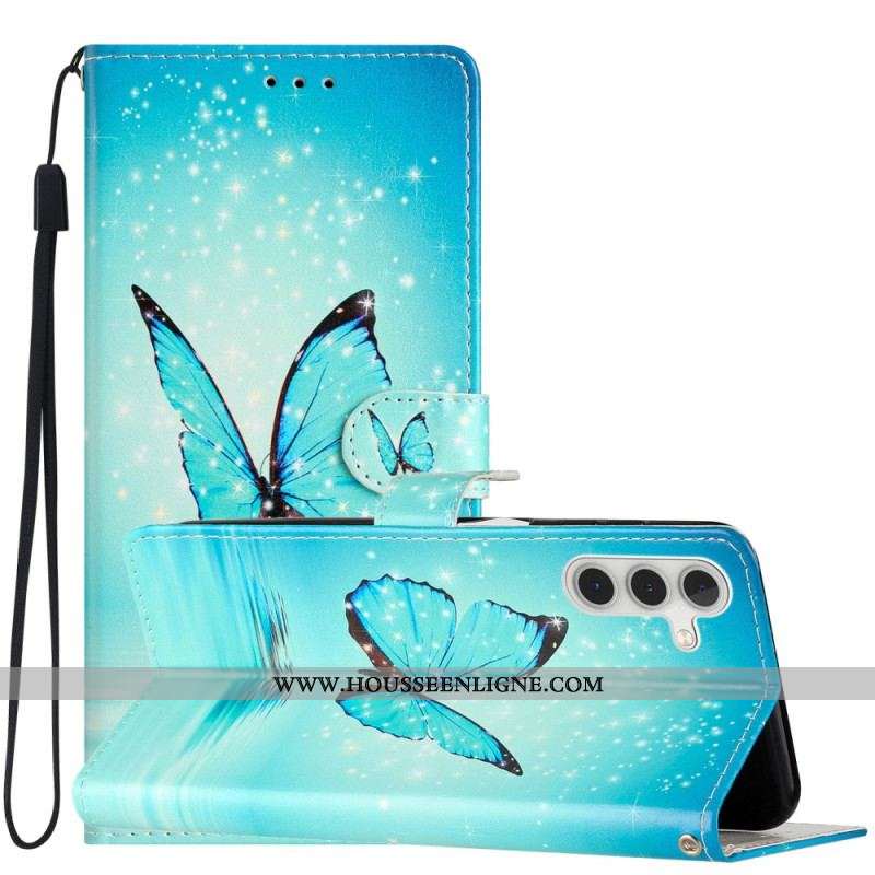 Housse Samsung Galaxy A54 5G Papillon Bleu à Lanière