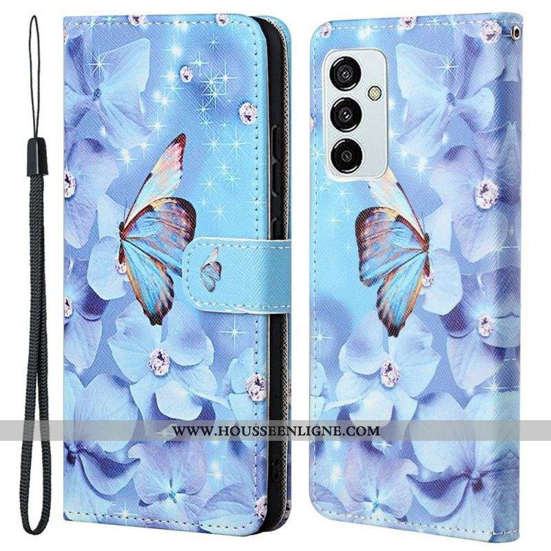 Housse Samsung Galaxy M23 5G Papillons Diamants à Lanière