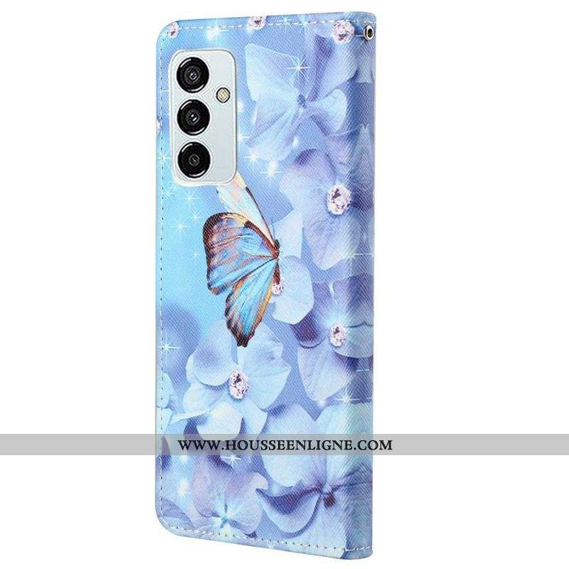 Housse Samsung Galaxy M23 5G Papillons Diamants à Lanière