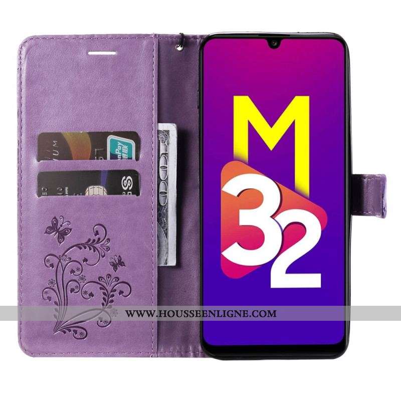 Housse Samsung Galaxy M32 Papillons Géants à Lanière