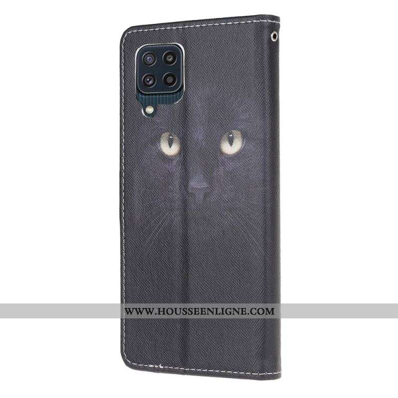 Housse Samsung Galaxy M32 Yeux de Chat Noir à Lanière