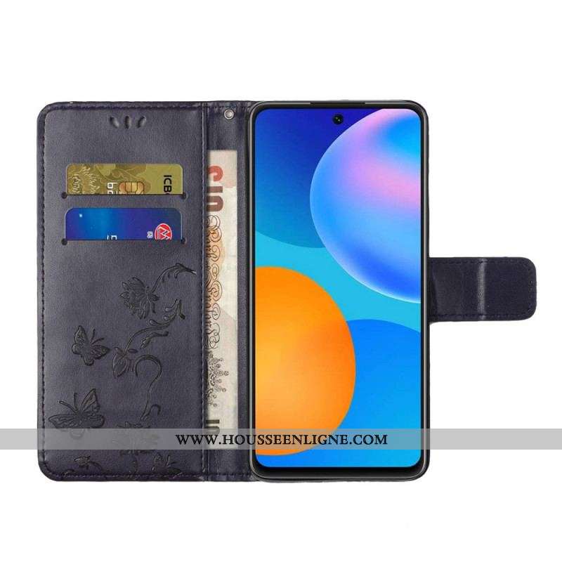 Housse Samsung Galaxy M52 5G Papillons et Fleurs à Lanière