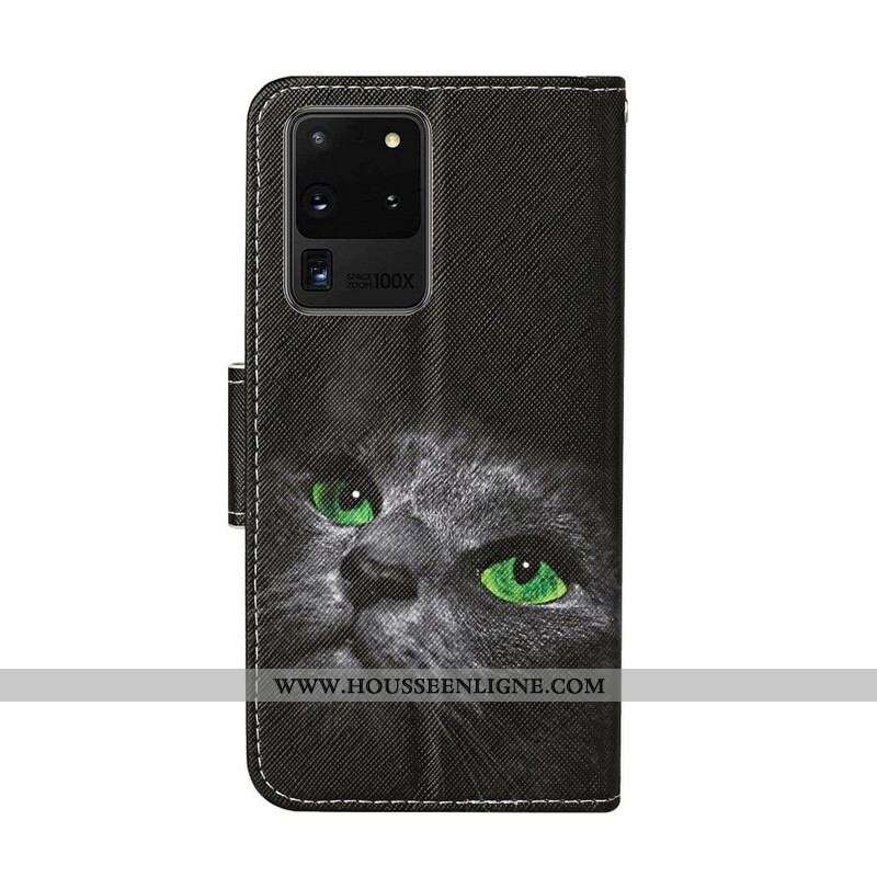 Housse Samsung Galaxy S20 Ultra Chat aux Yeux Verts avec Lanière