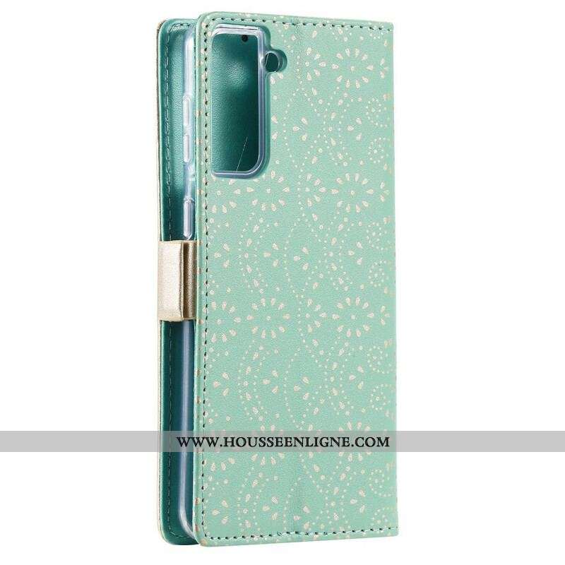 Housse Samsung Galaxy S21 5G Dentelle Porte-Monnaie à Lanière