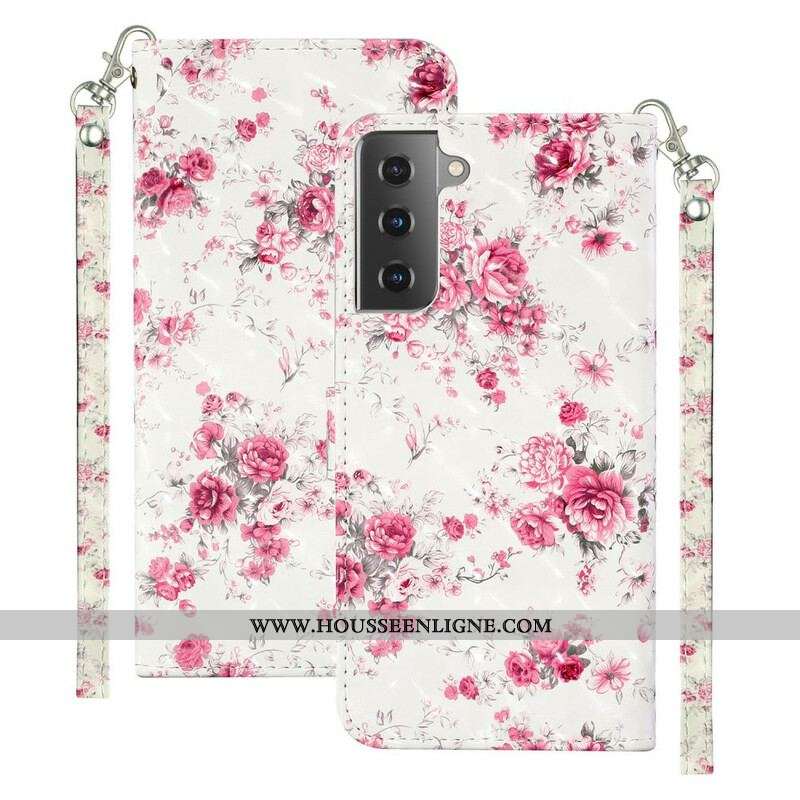 Housse Samsung Galaxy S21 5G Fleurs Light Spots à Lanière