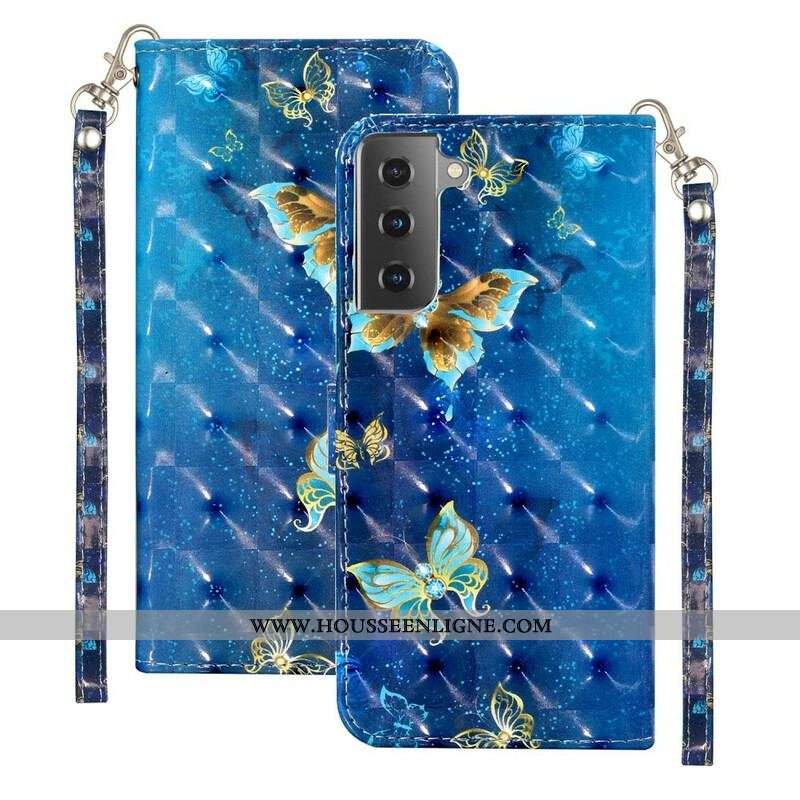 Housse Samsung Galaxy S21 5G Light Spot Papillons avec Lanière