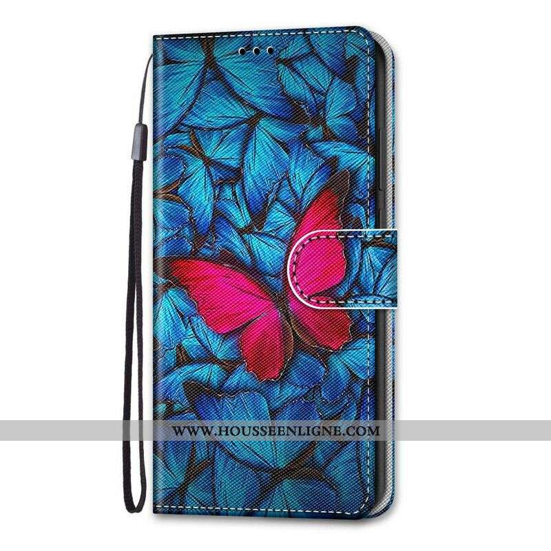 Housse Samsung Galaxy S21 5G Papillon Rouge Sur Fond Bleu