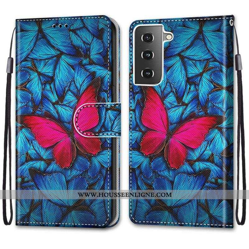 Housse Samsung Galaxy S21 5G Papillon Rouge Sur Fond Bleu