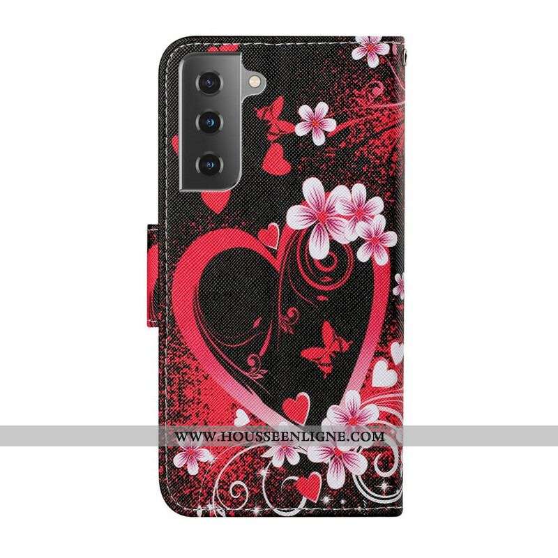 Housse Samsung Galaxy S21 FE Fleurs et Coeurs avec Lanière