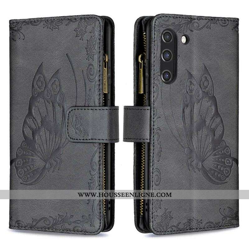 Housse Samsung Galaxy S21 FE Papillon Baroque Poche Zippée