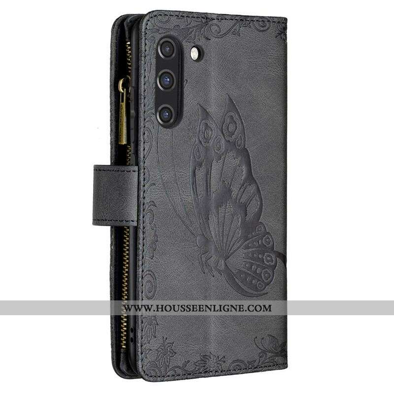 Housse Samsung Galaxy S21 FE Papillon Baroque Poche Zippée