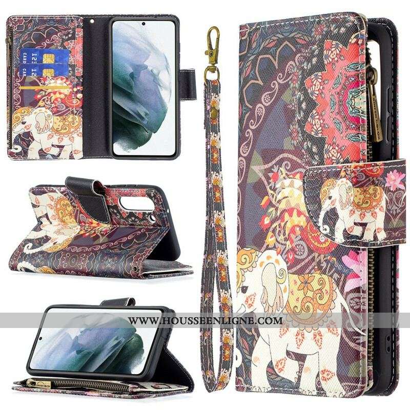 Housse Samsung Galaxy S21 FE Poche Zippée Éléphant