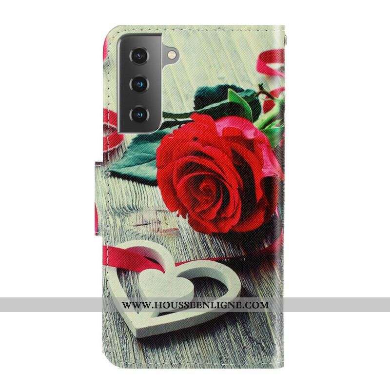 Housse Samsung Galaxy S21 FE Rose Romantique à Lanière