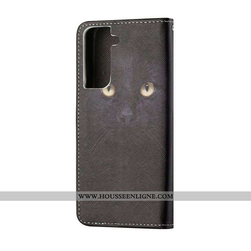 Housse Samsung Galaxy S21 FE Yeux de Chat Noir à Lanière