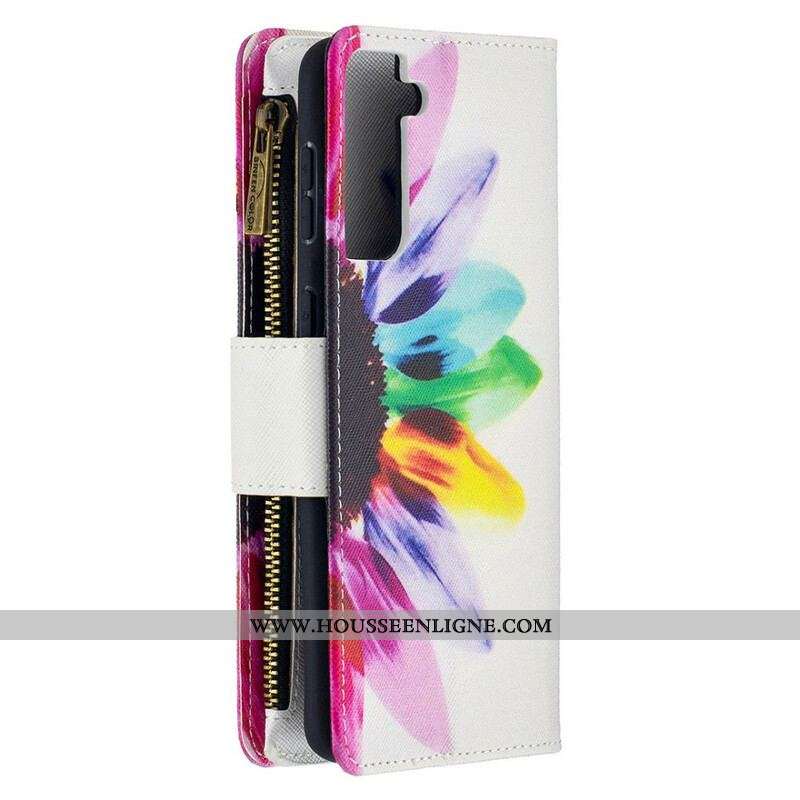 Housse Samsung Galaxy S21 Plus 5G Poche Zippée Fleur Aquarelle