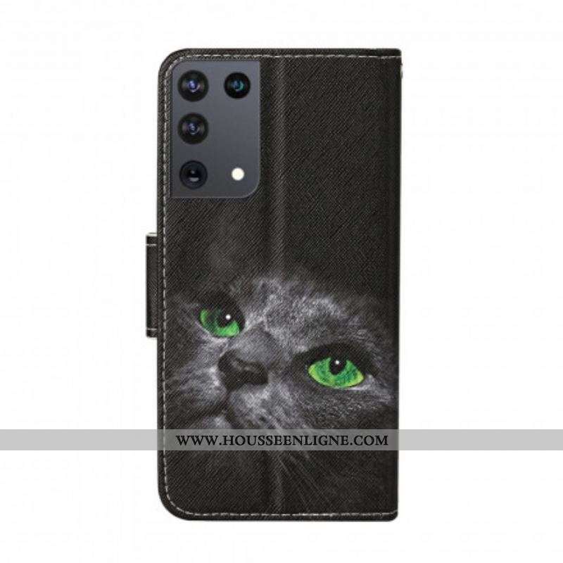 Housse Samsung Galaxy S21 Ultra 5G Chat aux Yeux Verts avec Lanière