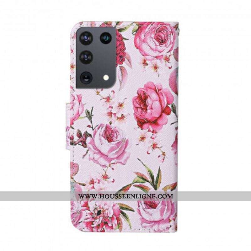 Housse Samsung Galaxy S21 Ultra 5G Fleurs Magistrales avec Lanière