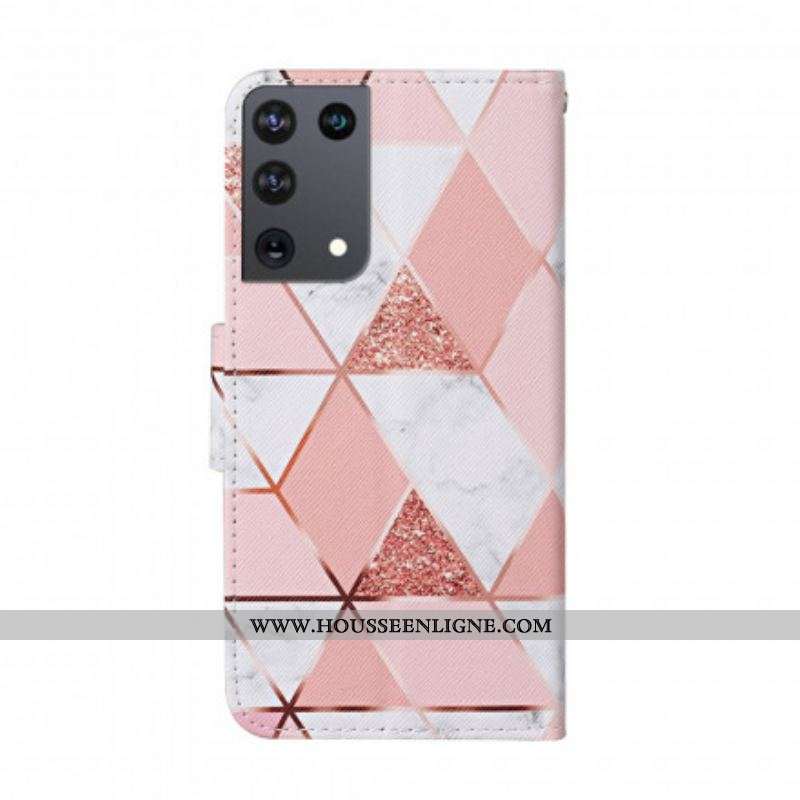 Housse Samsung Galaxy S21 Ultra 5G Marbre et Paillettes avec Lanière