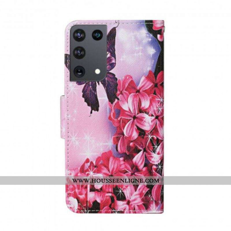 Housse Samsung Galaxy S21 Ultra 5G Papillons Floraux Lanière