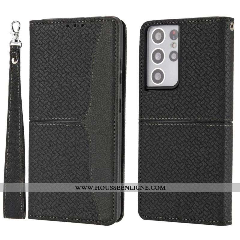 Housse Samsung Galaxy S21 Ultra 5G Style Cuir Tissée à Lanière