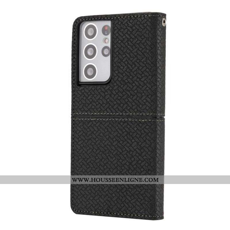 Housse Samsung Galaxy S21 Ultra 5G Style Cuir Tissée à Lanière