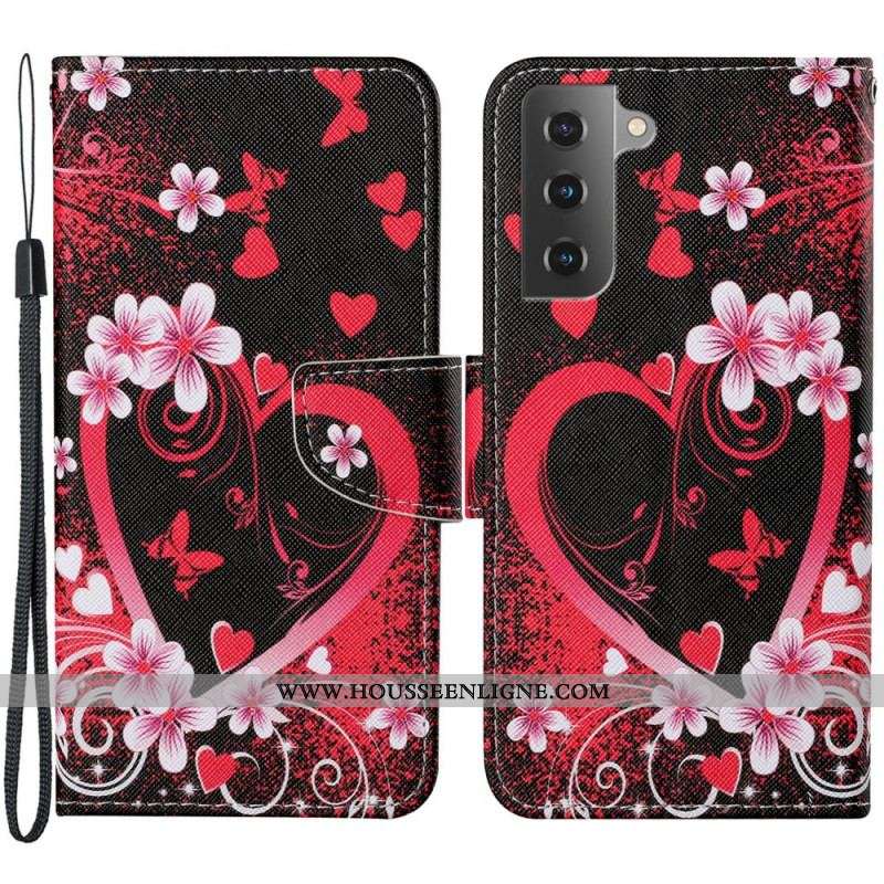 Housse Samsung Galaxy S22 PLus 5G Fleurs et Coeurs avec Lanière