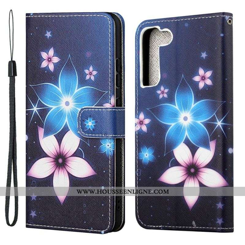 Housse Samsung Galaxy S22 Plus 5G Fleurs Lunaires à Lanière