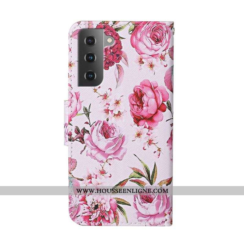 Housse Samsung Galaxy S22 Plus 5G Fleurs Magistrales avec Lanière