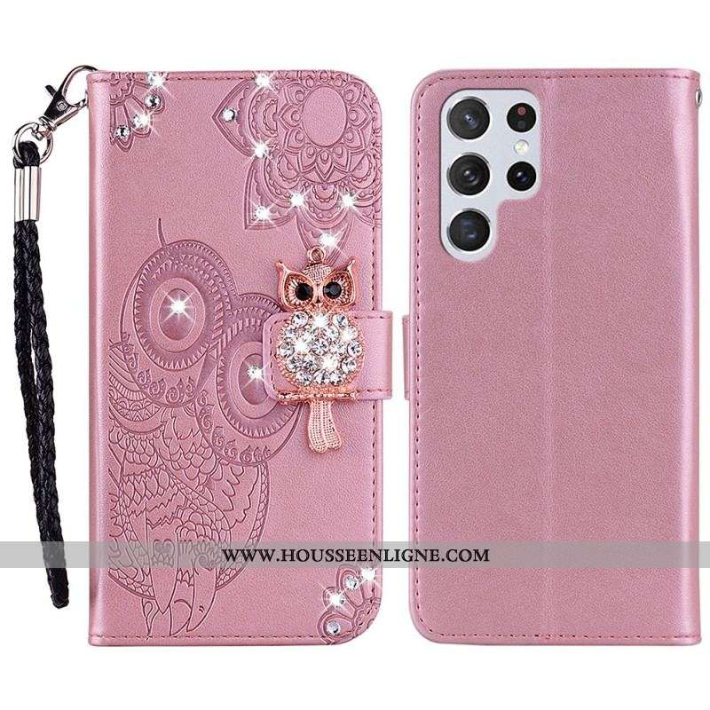 Housse Samsung Galaxy S22 Ultra 5G Hibou Mandala et Breloque