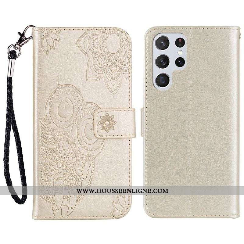 Housse Samsung Galaxy S22 Ultra 5G Hibou Mandala et Lanière