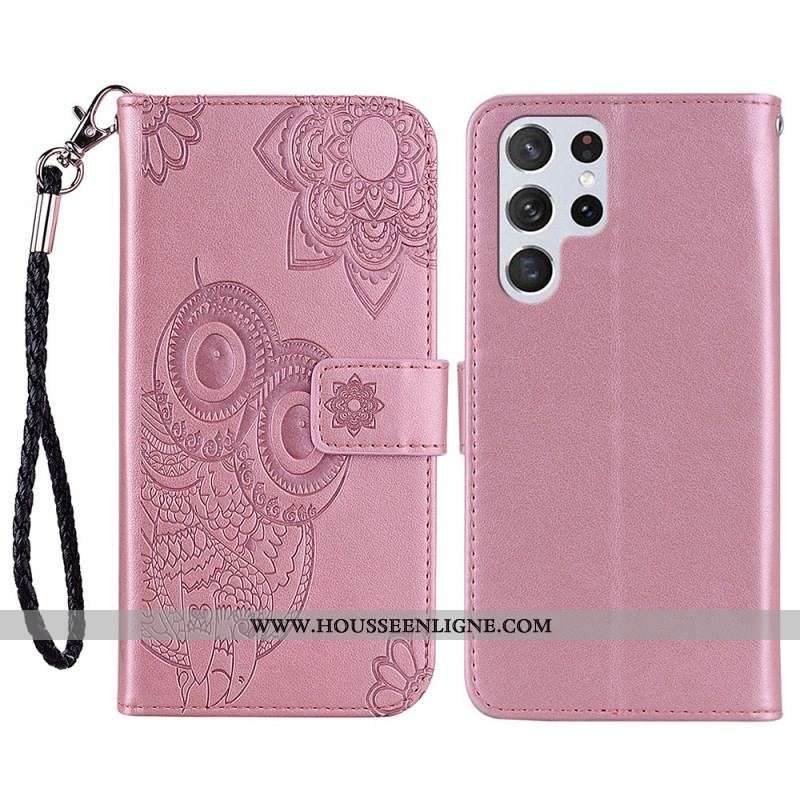 Housse Samsung Galaxy S22 Ultra 5G Hibou Mandala et Lanière