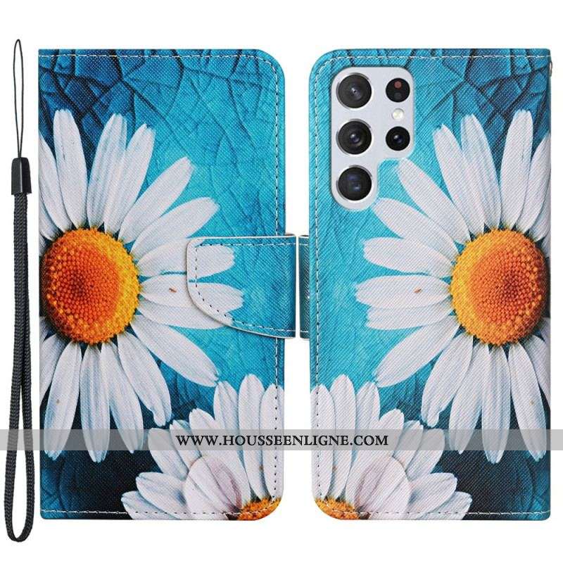 Housse Samsung Galaxy S22 Ultra 5G Marguerites à Lanière