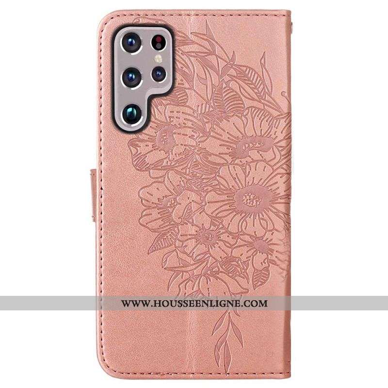 Housse Samsung Galaxy S22 Ultra 5G Papillon Design avec Lanière