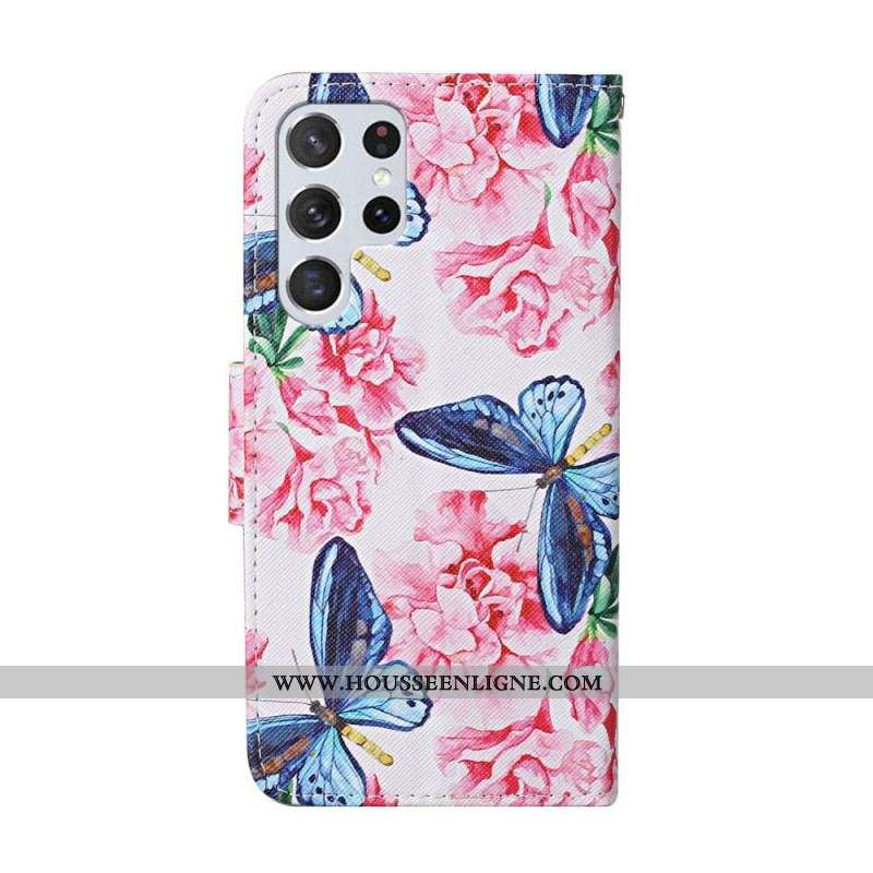 Housse Samsung Galaxy S22 Ultra 5G Papillons Floraux Lanière