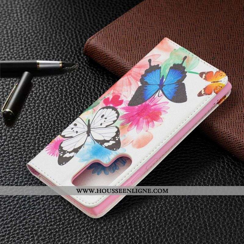 Housse Samsung Galaxy S22 Ultra 5G Papillons et Fleurs Peints