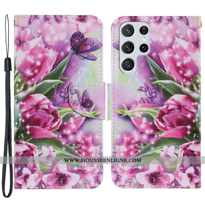 Housse Samsung Galaxy S22 Ultra 5G Papillons et Tulipes