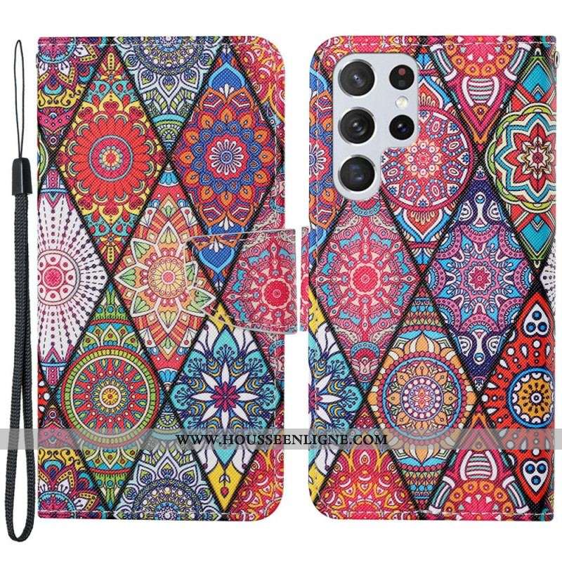 Housse Samsung Galaxy S22 Ultra 5G Patchwork avec Lanière