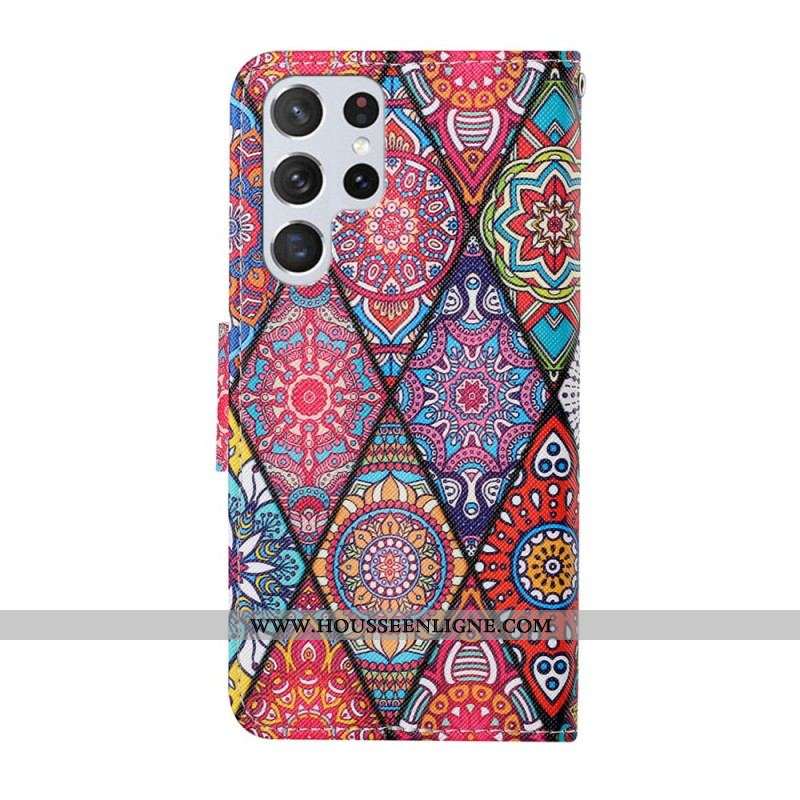 Housse Samsung Galaxy S22 Ultra 5G Patchwork avec Lanière