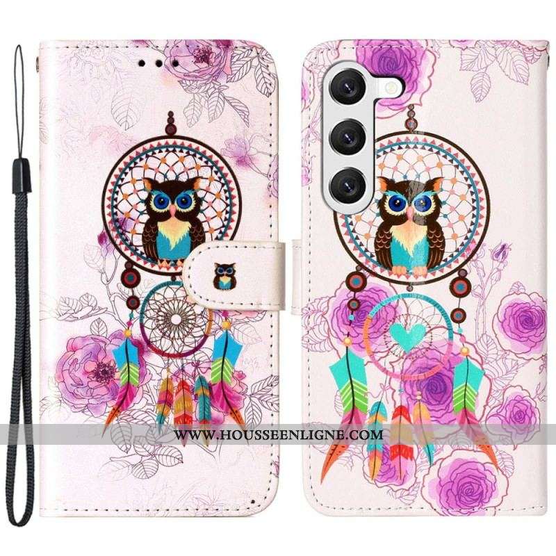 Housse Samsung Galaxy S23 5G Attrape Rêves Hibou à Lanière